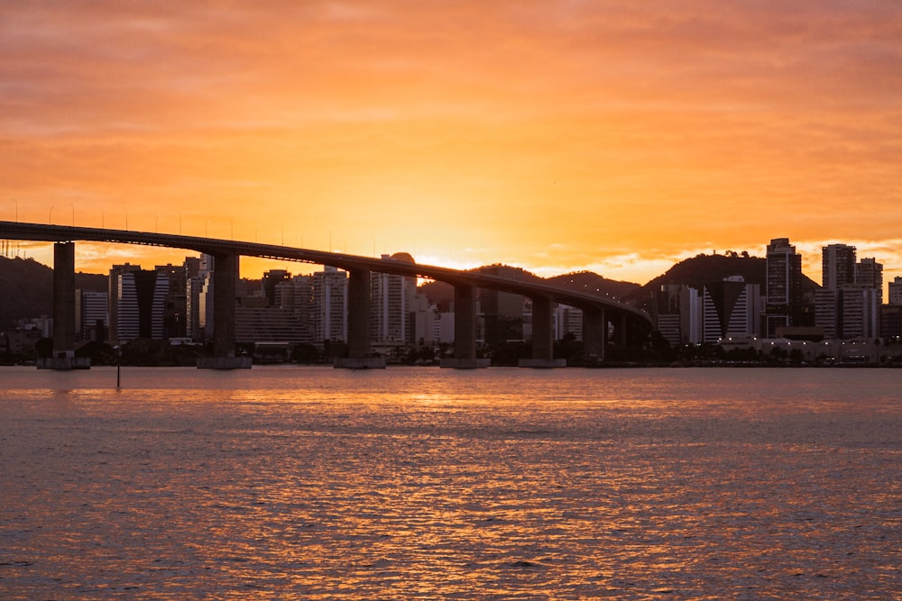 a bridge over a body of water with a city in the background