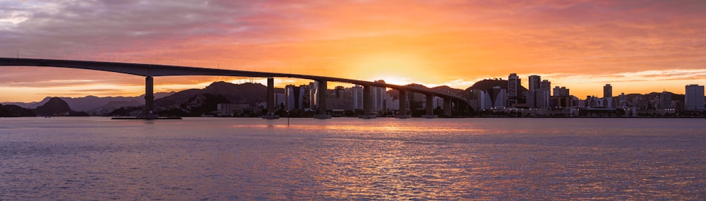 a bridge over a body of water with a city in the background