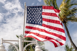 An American flag waves prominently against a partly cloudy sky with palm trees in the background. The flag's red, white, and blue colors stand out vividly.