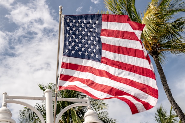 An American flag waves prominently against a partly cloudy sky with palm trees in the background. The flag's red, white, and blue colors stand out vividly.