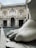 A large marble foot sculpture is prominently displayed in the foreground, highlighting its intricate detailing and smooth texture. In the background, an architectural facade with columns and arches showcases classical design elements. The building features decorative carvings and inscriptions above the main entrance.