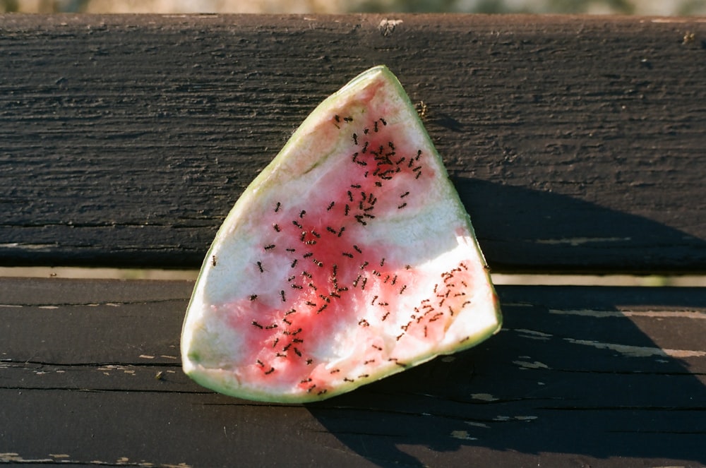 a piece of fruit sitting on top of a wooden bench