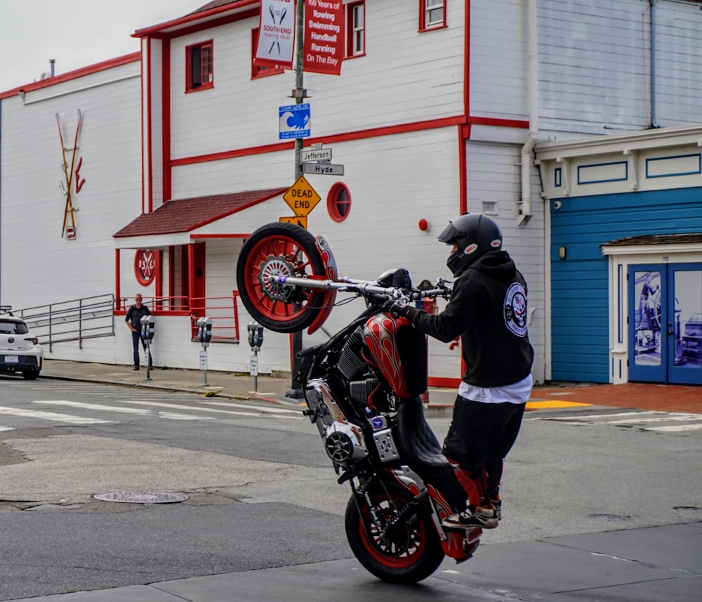 a person on a motorcycle on a city street