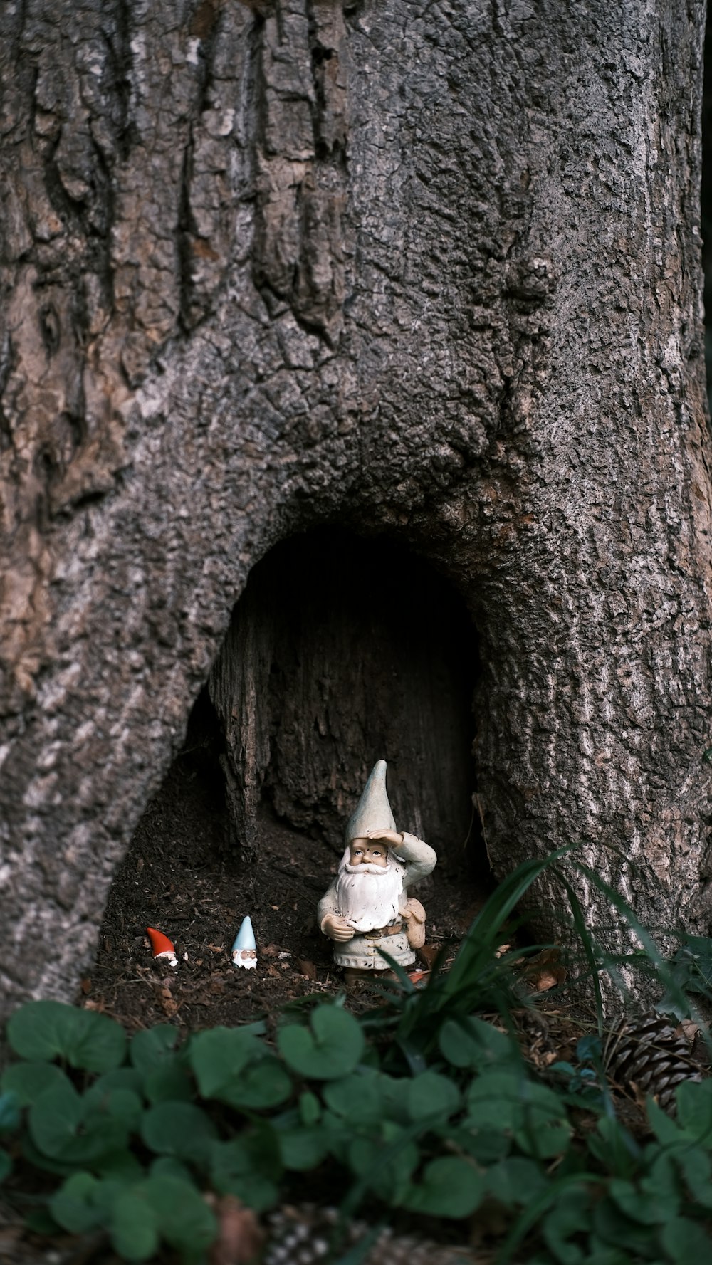 a small white gnome sitting in the middle of a tree