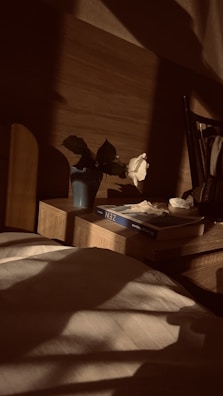 A bedroom scene with a smell d roses air freshener casting a gentle light on the nightstand.