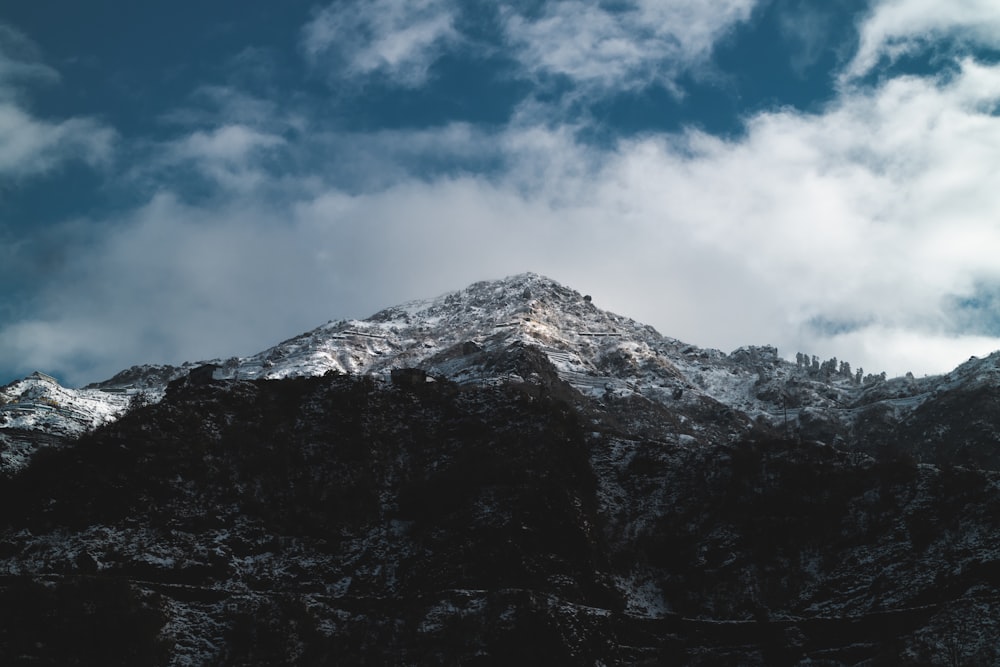 a mountain covered in snow under a cloudy sky