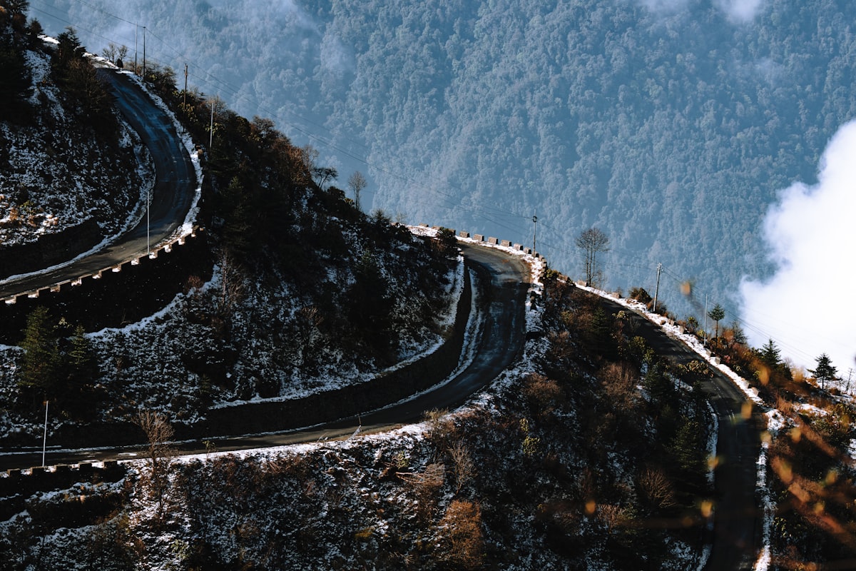 Hairpin mountain roads winding through the green hills of Zuluk, Sikkim