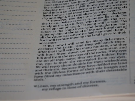 A close-up of a page from a religious text, featuring columns of typeset text with section numbers in bold. The focus is on specific passages discussing themes of prophecy and restoration.