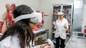 Two individuals wearing virtual reality headsets and holding controllers are inside a room filled with anatomical models and medical displays. Various anatomical figures, including muscles, organs, and skeletons, are visible. The individuals are dressed in lab coats, suggesting a scientific or educational setting.