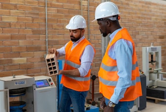Two individuals wearing white hard hats and orange safety vests are in a workshop or industrial setting. One person is holding a concrete block while the other observes. They are standing next to a machine with a brick wall in the background.