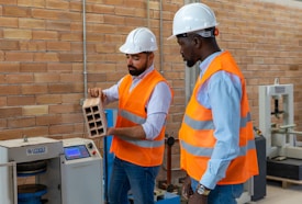 Two individuals wearing white hard hats and orange safety vests are in a workshop or industrial setting. One person is holding a concrete block while the other observes. They are standing next to a machine with a brick wall in the background.
