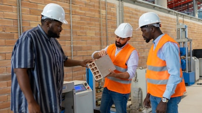 Three individuals wearing safety helmets and orange vests are engaged in a discussion about a construction material inside a workshop or factory setting. The environment is industrial, with visible machinery and brick walls in the background. One person is holding a rectangular block, possibly a type of building material, while the others observe and interact.