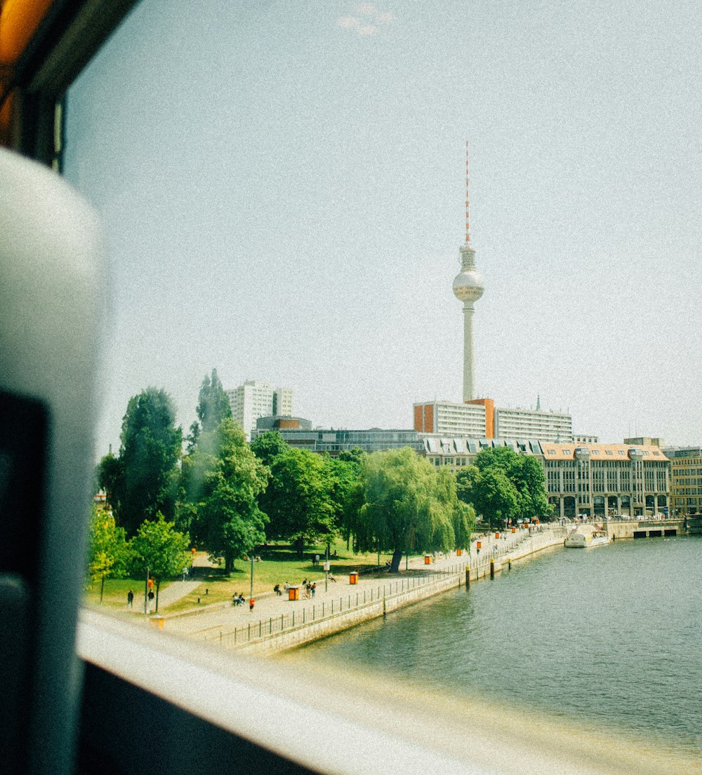 a view of a city from a train window