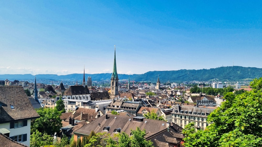 a view of a city with mountains in the background