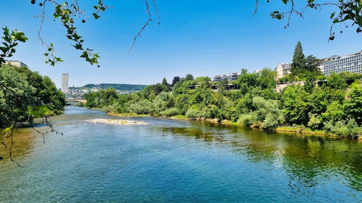 A serene river flows through a lush green landscape, bordered by trees and foliage. In the background, modern buildings and a bridge span the river. The sky is clear and blue, contributing to the peaceful atmosphere.