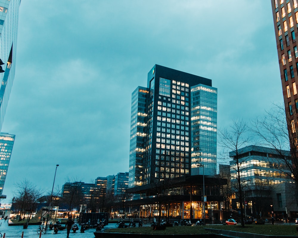 a group of tall buildings sitting next to each other