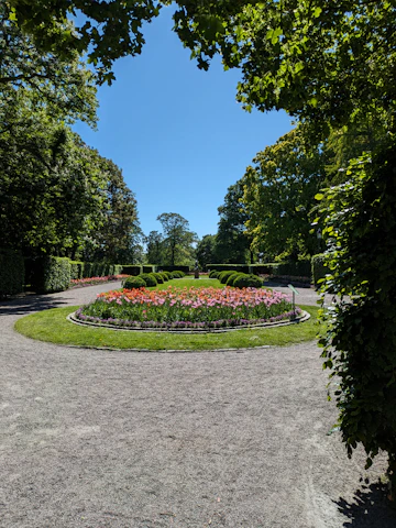 A clean garden space featuring tidy flower beds and fresh mulch under a sunny sky.