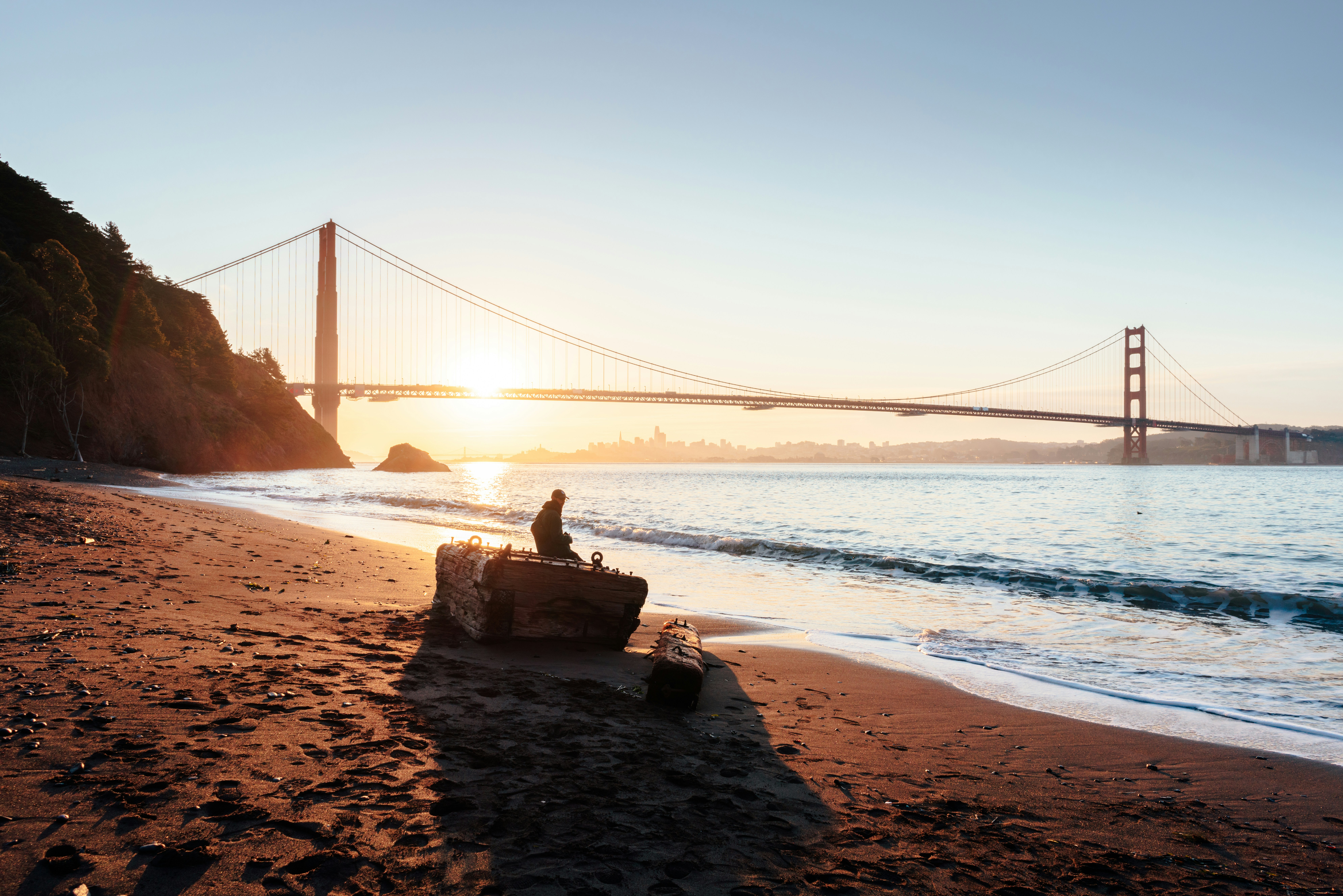 a person sitting on a log on the beach