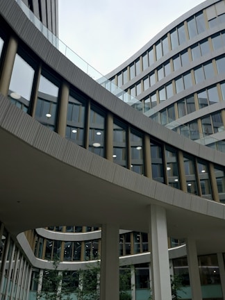 Corporate campus with minimalist architecture and open plazas.