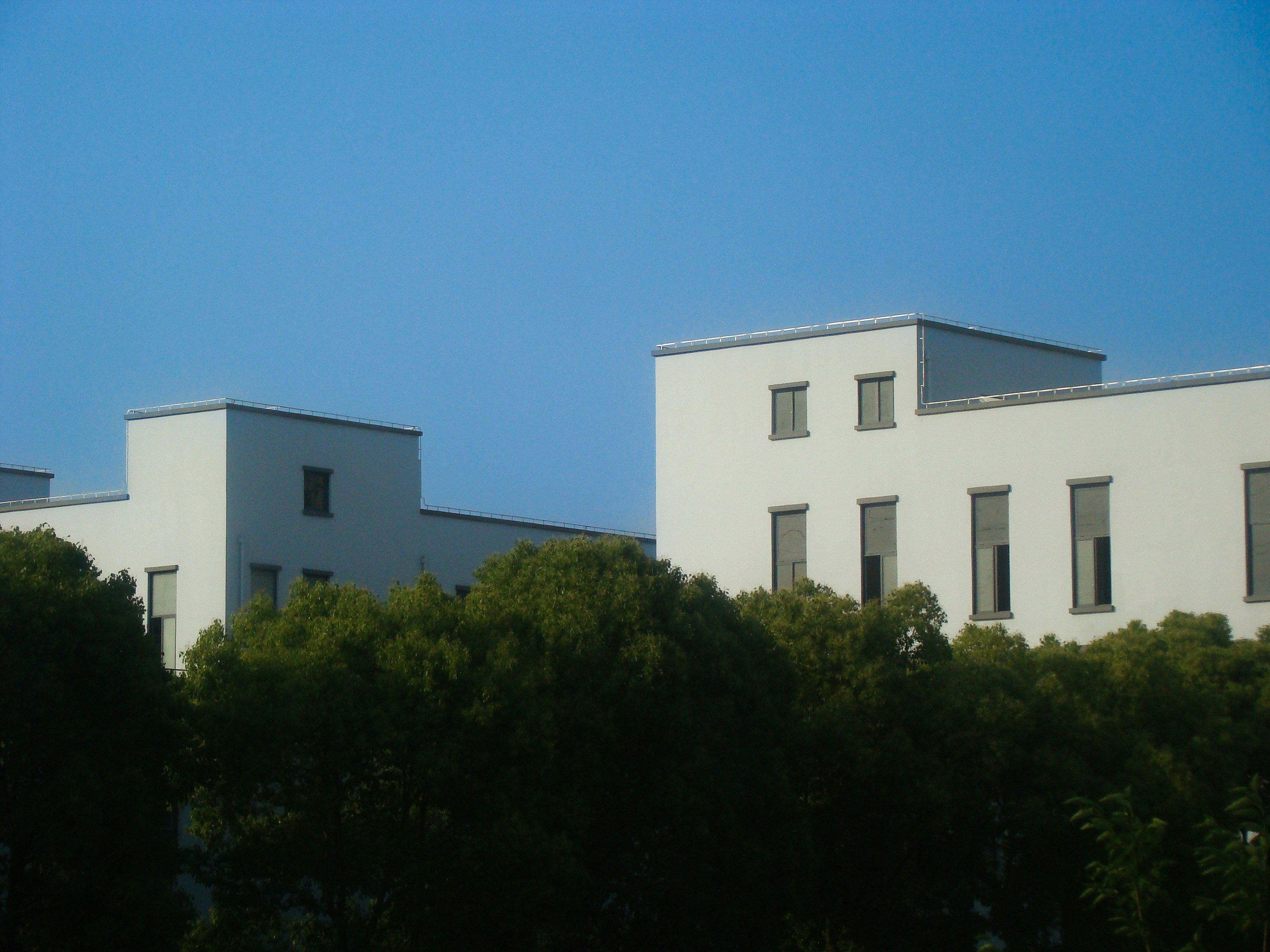 a view of a building with trees in front of it