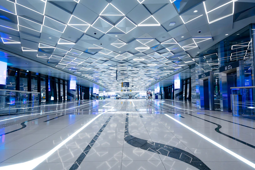 Sleek office interior with navy and slate tones, hinting at advanced cybersecurity operations.