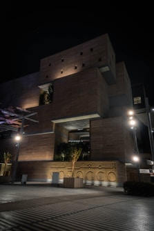A modern, multi-level building with a geometric design features illuminated wooden panels and large recessed areas holding greenery. The lights cast strong shadows, creating an intriguing play of light and dark against the night sky. Trees in planters are placed around the structure, adding a natural element to the urban setting.