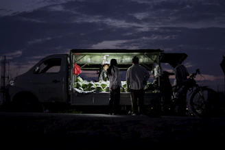 Close-up of a driver checking cargo inside a trailer filled with fresh produce under soft lighting.