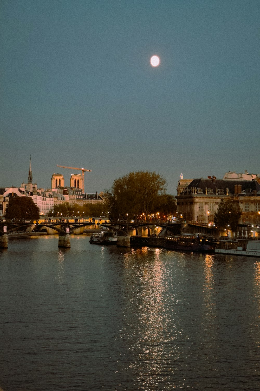 uma lua cheia é vista sobre um rio