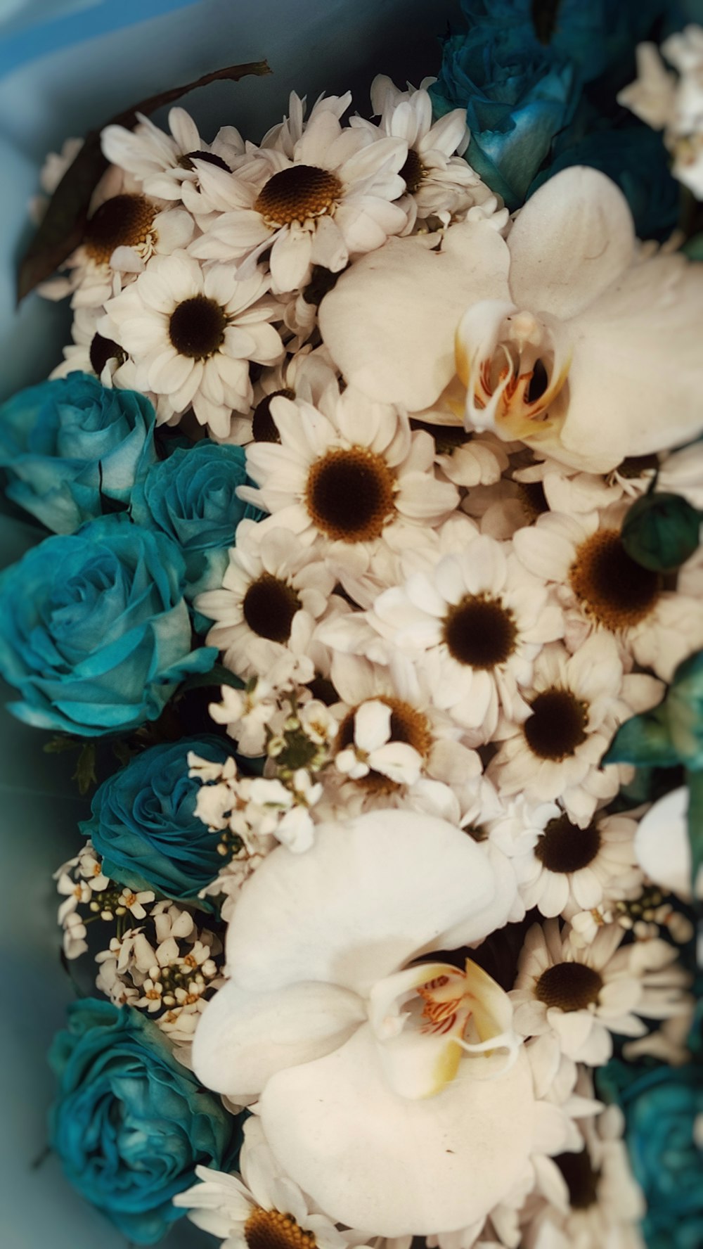 a bouquet of white and blue flowers in a blue box