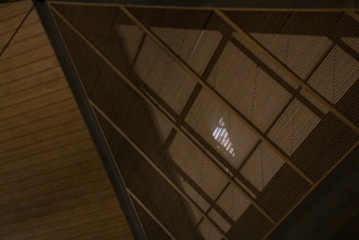 A large, abstract metal structure with geometric triangular patterns. The structure is composed of numerous parallel lines, creating a lattice-like effect. The lighting is dim, casting shadows and adding depth to the structure.