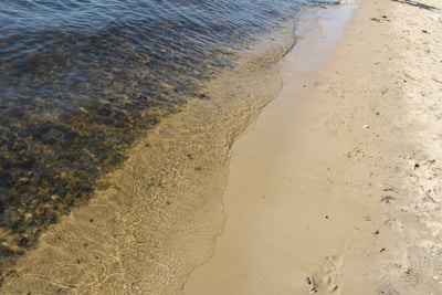 A sandy shoreline with gentle waves lapping at the beach.