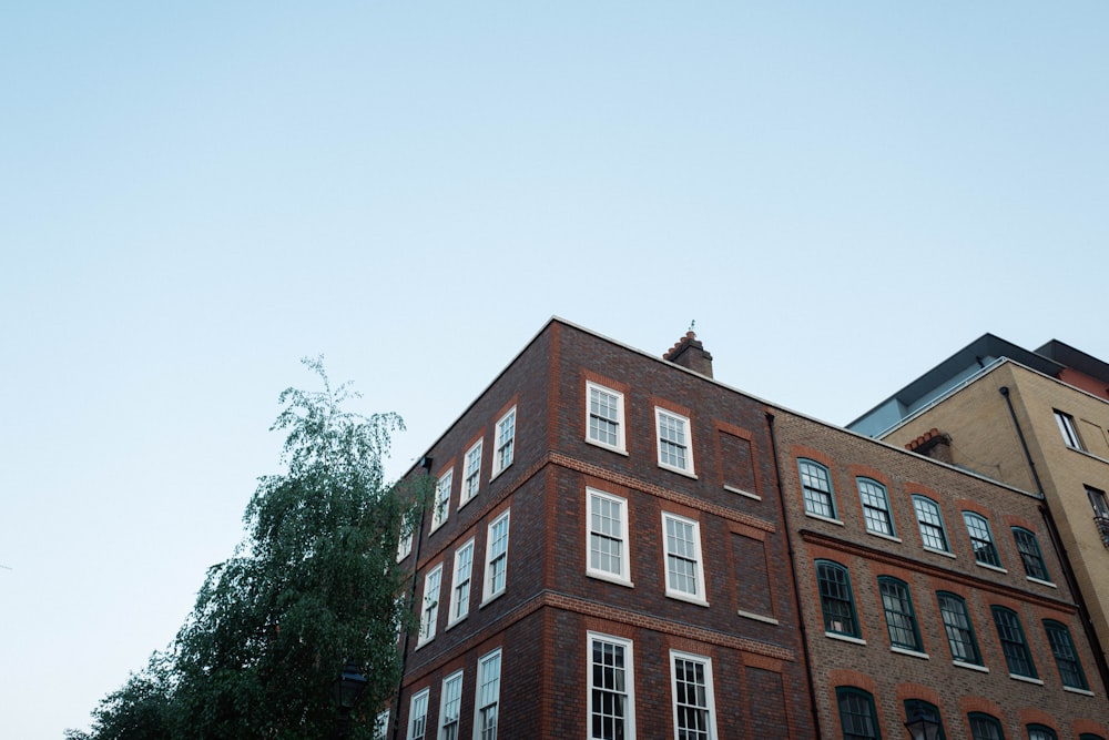 a tall brick building sitting next to a tree