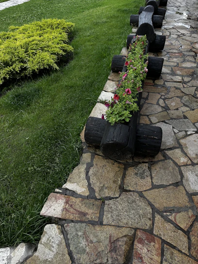 An outdoor scene featuring a charming rustic wooden planter box filled with blooming flowers beside a stone pathway.