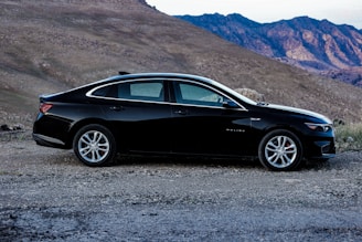 A modern sedan parked in front of a scenic landscape, showcasing a comfortable travel experience.
