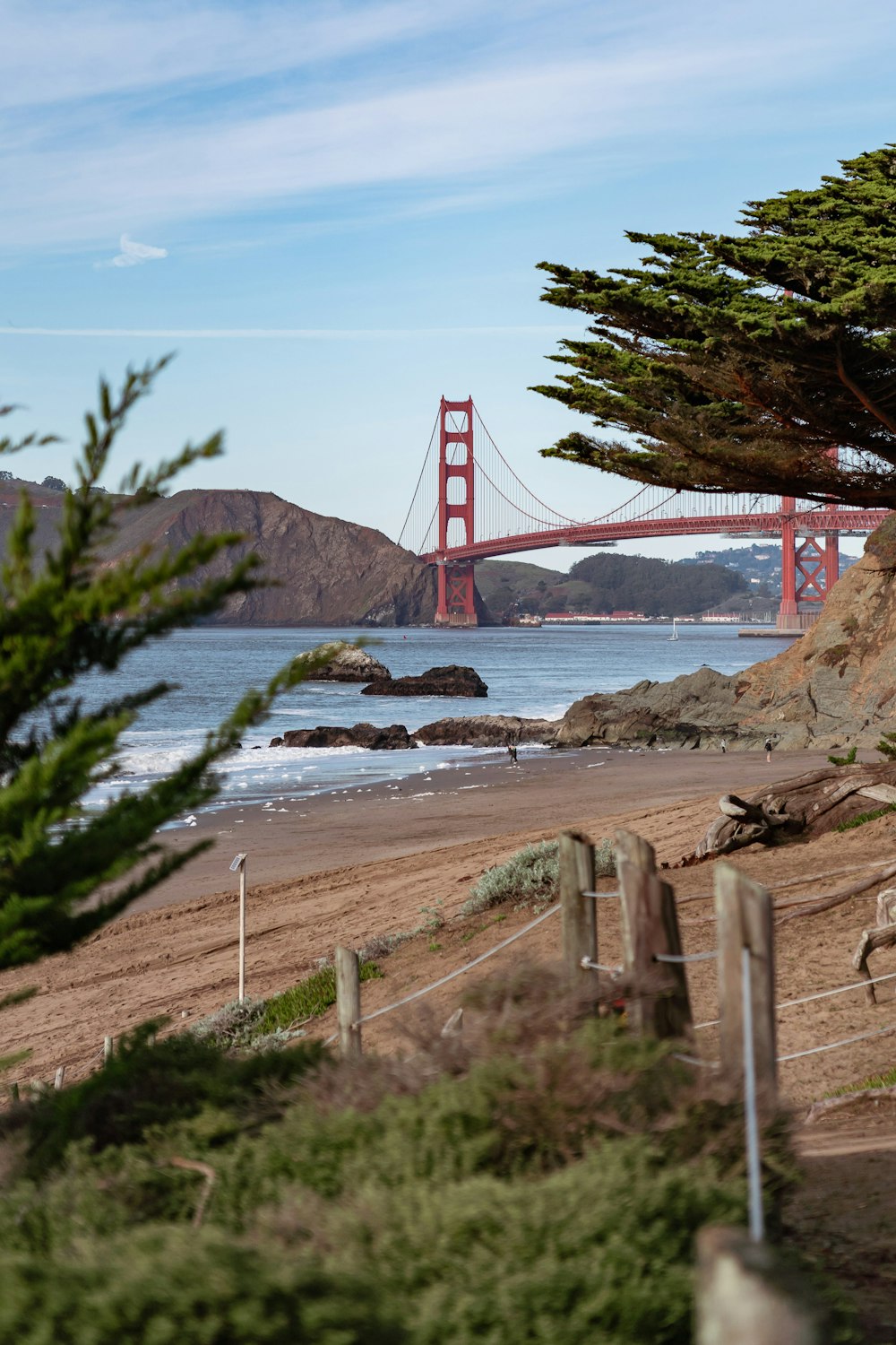 a view of the golden gate bridge from the beach