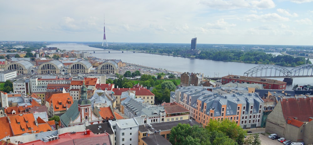 an aerial view of a city with a river running through it