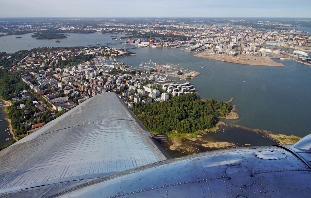 an aerial view of a city and a river