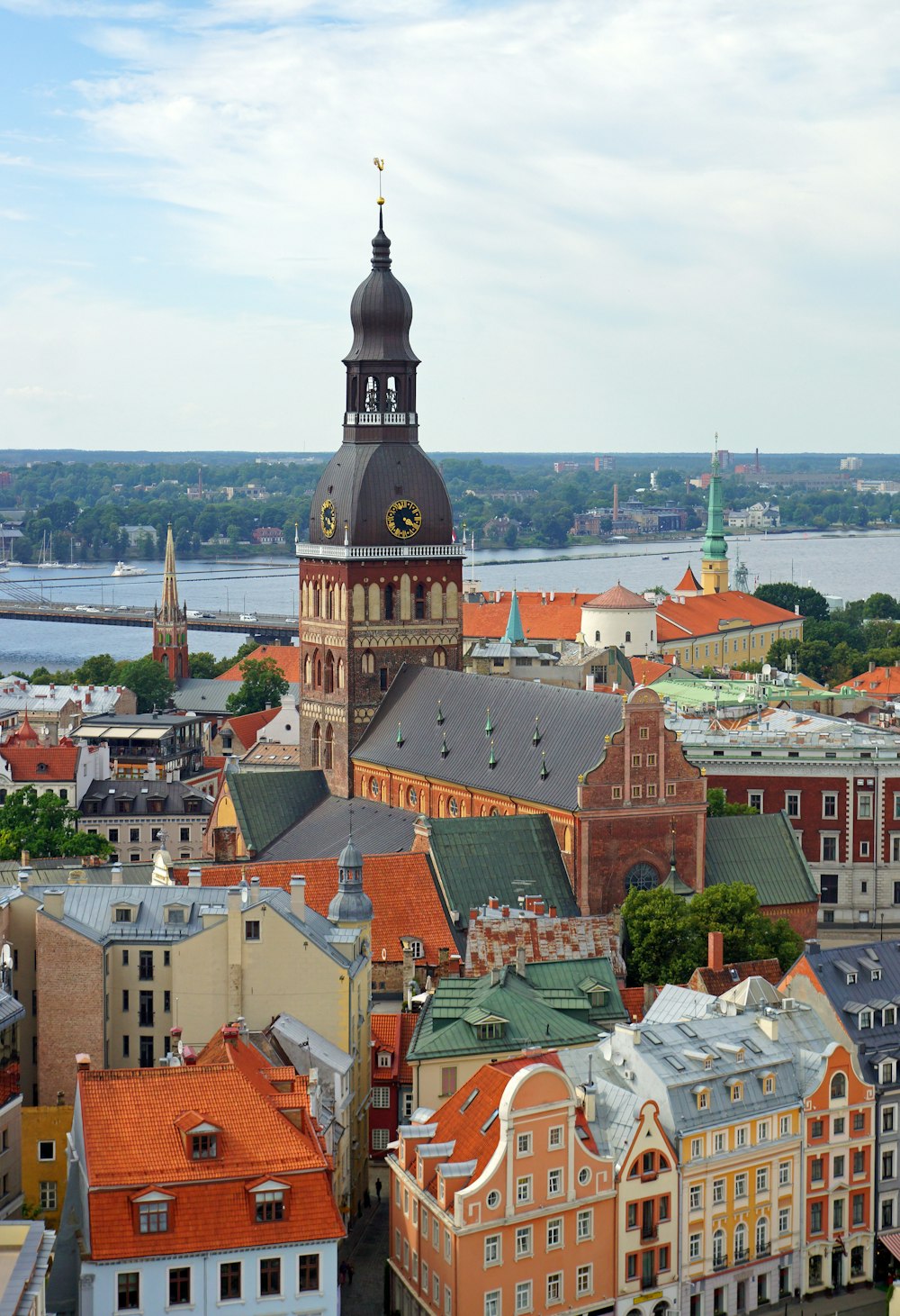 a view of a city with a clock tower