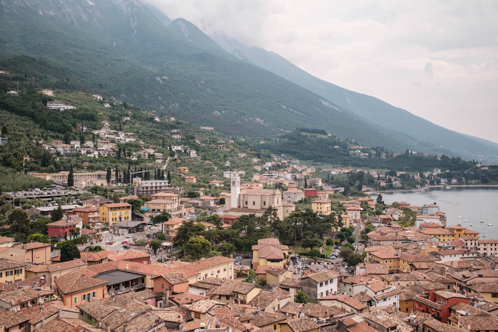 a view of a city with mountains in the background