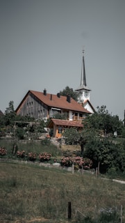 A rustic countryside scene featuring a traditional house with a steep red roof and wooden exterior, surrounded by greenery and pink flowering bushes. In the background, there is a tall, narrow church steeple. The sky above is overcast, creating a muted and serene atmosphere.