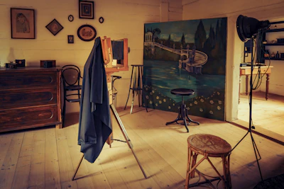 A cozy corner of the photo studio bathed in soft natural light, with vintage cameras and tripods arranged invitingly.