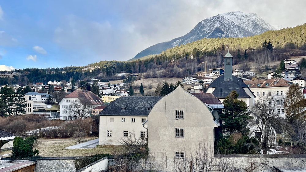a view of a town with a mountain in the background