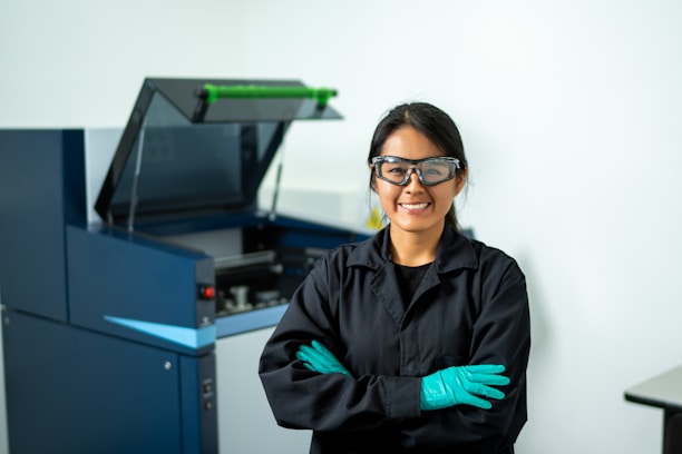 A person wearing safety goggles and a lab coat stands smiling with their arms crossed. They wear teal gloves and appear to be in a laboratory setting with equipment visible in the background, including a large machine with an open lid.