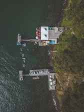 An aerial view of a waterfront area with docks extending into the water from a heavily vegetated coastline. One dock has a canopy with people gathered, while another features boats and a seating area. The water appears greenish and several small boats are visible around the docks.