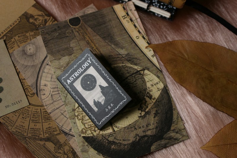 A collection of vintage-like astrology-themed items featuring an astrology book or card on top of celestial maps. The design includes circular and linear patterns reminiscent of old astronomical charts. A large, dried brown leaf is placed beside these items, contrasting with the soft textured surface beneath.