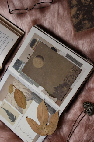 An artistic shot of layered necklaces draped over a vintage book on a cozy windowsill.