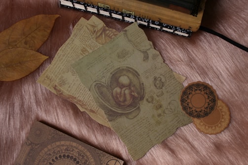 Photo of a portfolio spread on a desk with printed designs and notes.