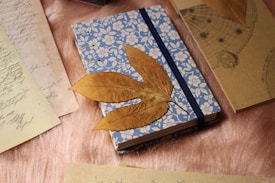 A blue floral-patterned notebook is adorned with a dried, brown leaf on its cover. The notebook is closed with a dark blue elastic band and rests on a soft, pink furry surface. Surrounding it are aged, handwritten letters and papers, adding a vintage feel.
