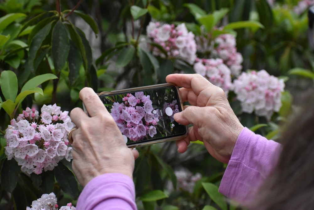 a woman taking a picture of flowers with her phone
