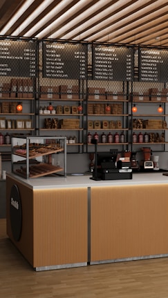 a counter with a lot of items on it